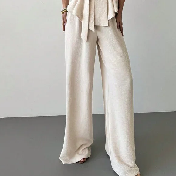 Apricot Elegant Women's Surplice Sleeveless Belted Blouse & Wide leg Pant Set